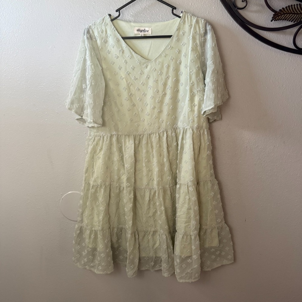 Green Swiss Dot Tiered Midi Dress Sheer Overlay Romantic Cottagecore M‎ Feminine